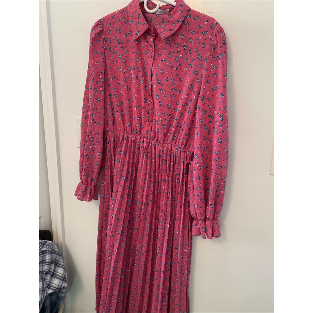 Miss Sparkling Pink Floral Maxi Dress XL Long Sleeve Collared Button Front